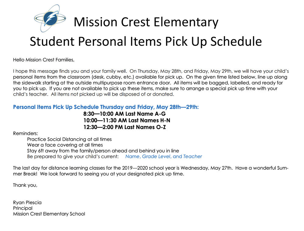 Student Personal Items Pick Up Schedule