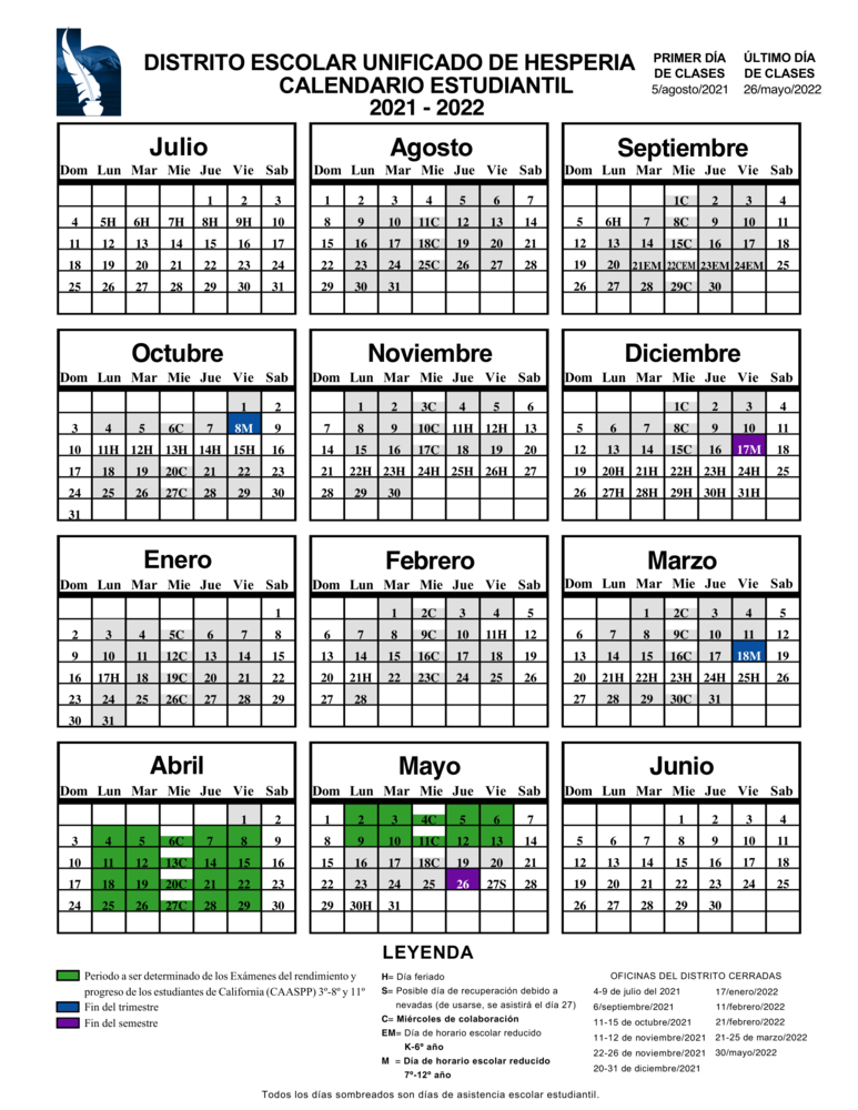 2021-22 School Calendar (Spanish)