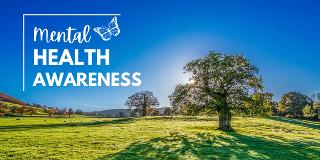 Landscape of trees and grass with a blue sky and sunshine with words mental health awareness