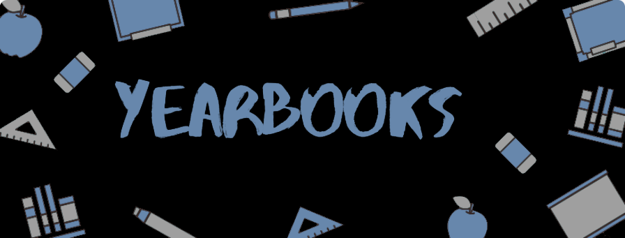 Banner with school supplies that says yearbooks