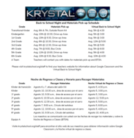 Materials Pick-up and Back to School Night Schedule