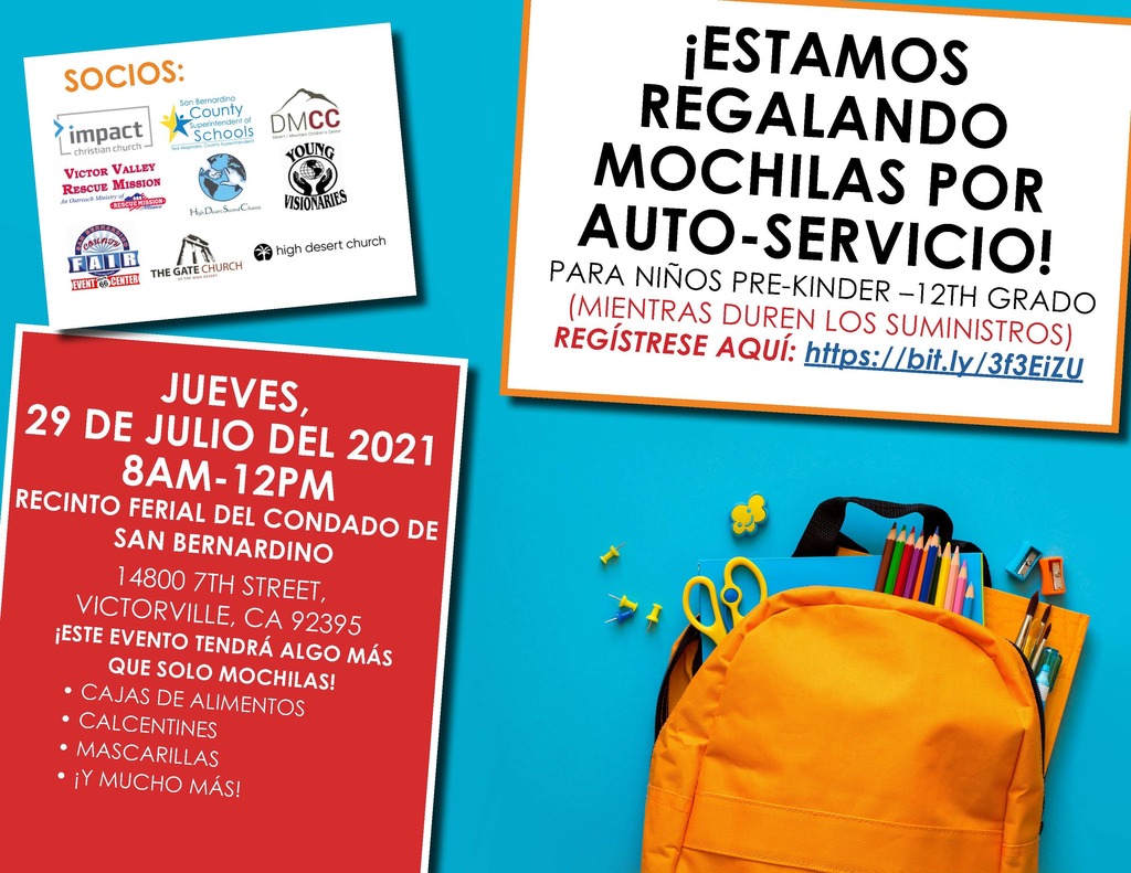 Backpack giveaway flyer Spanish