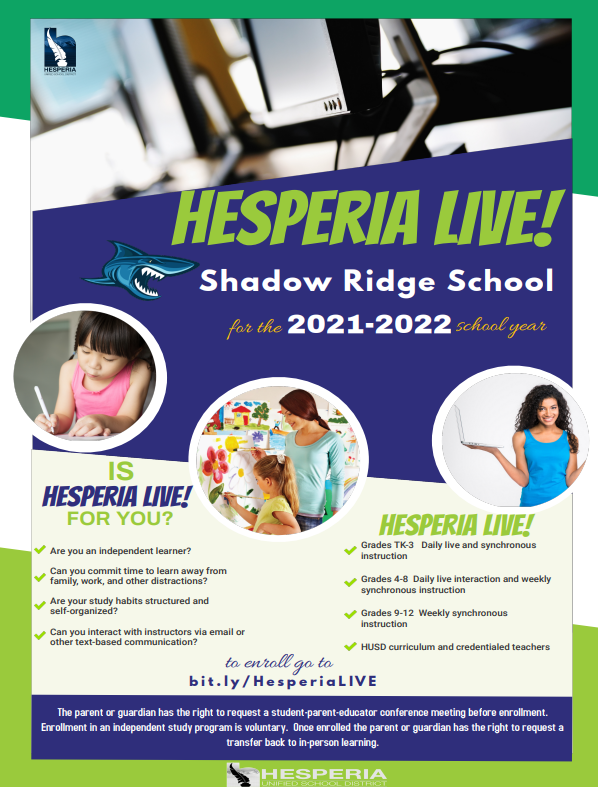 Hesperia Live Flyer - Virtual Learning for the 2021-2022 school year 