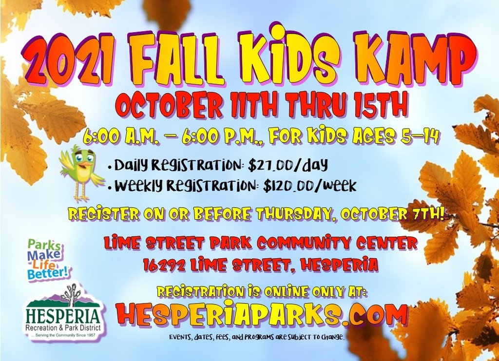 2021 Fall Kids Kamp, October 11th thru 15th 