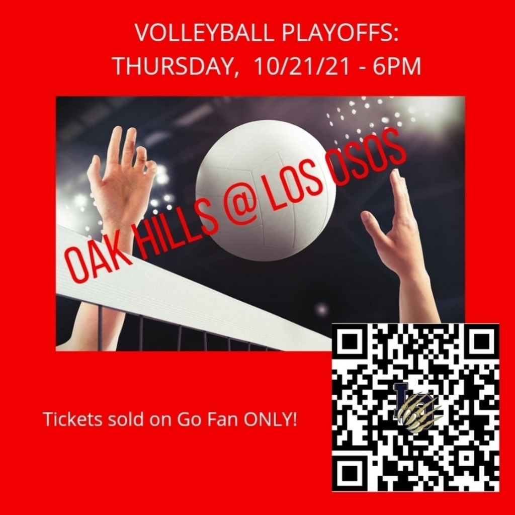 Volleyball will be at Los Osos Thursday night (10/21). Game time is 6pm and all tickets will be sold on Go Fan.