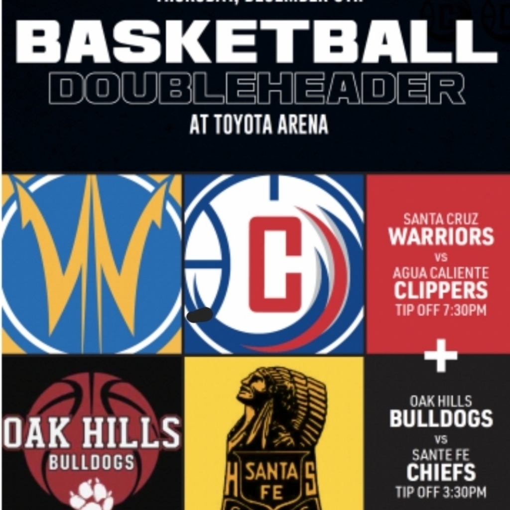 Our boys basketball team has been selected to play at The Toyota Arena Dec. 9th in a double header with the Agua Caliente Clippers! Invite your friends & family to the game!
https://acclippers.spinzo.com/santa-cruz-warriors-2021-12-09-SNUJJ?group=oak-hills-high-school-q7up
