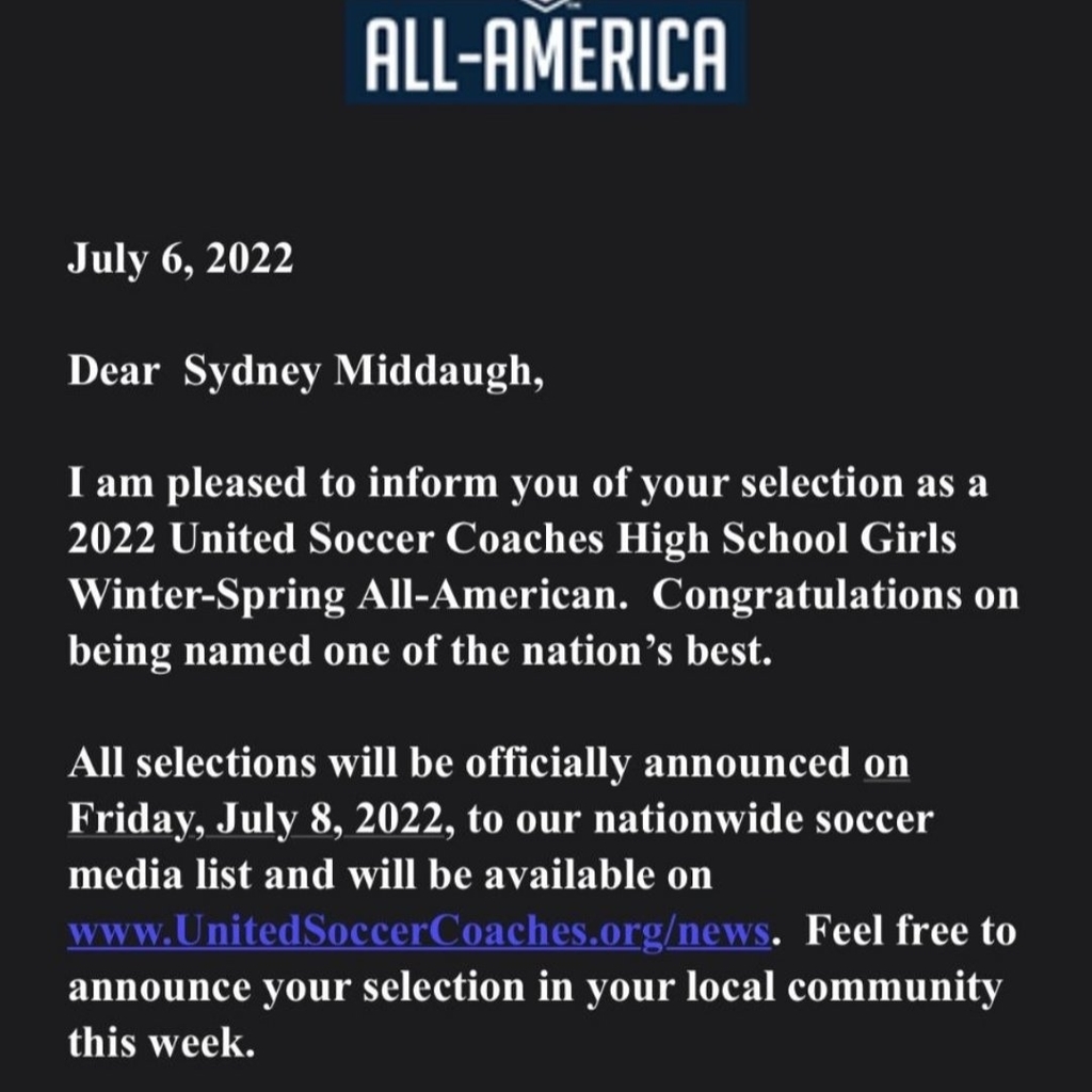 Congratulations Sydney Middaugh for being selected to the 2022 United Soccer Coaches High School Girls Winter-Spring All-American Team! Your Bulldog Family is proud of you! It's a great day to be a Bulldog!