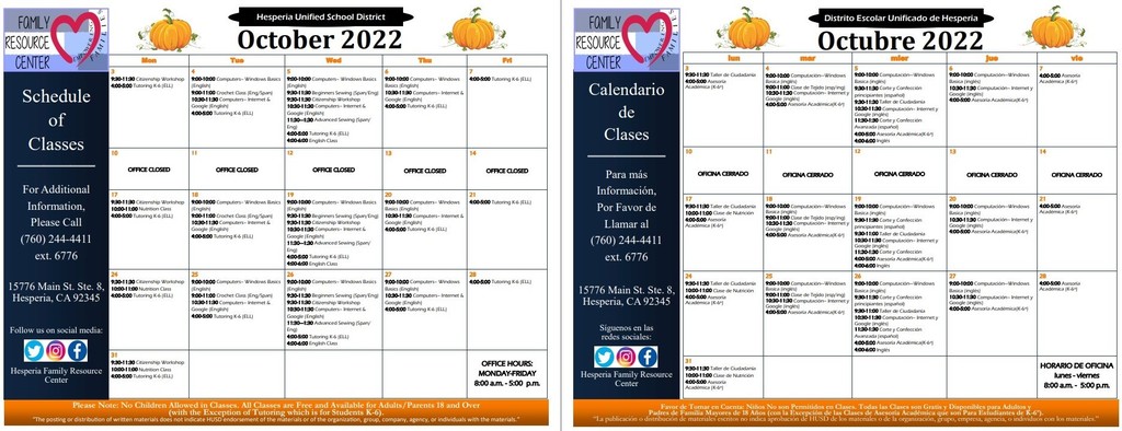 Oct Family Resource Center Calendar