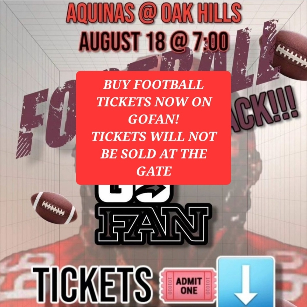 FOOTBALL FANS: All tickets are sold on GoFan. There will be no cash sales at the gate, so get your tickets now! Be prepared to redeem your tickets on your phone upon entry. We look forward to seeing everyone Friday night as we take on the Aquinas Falcons!