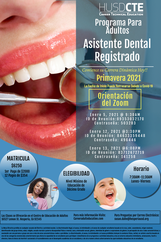 Dental Assistant Program flier Spanish